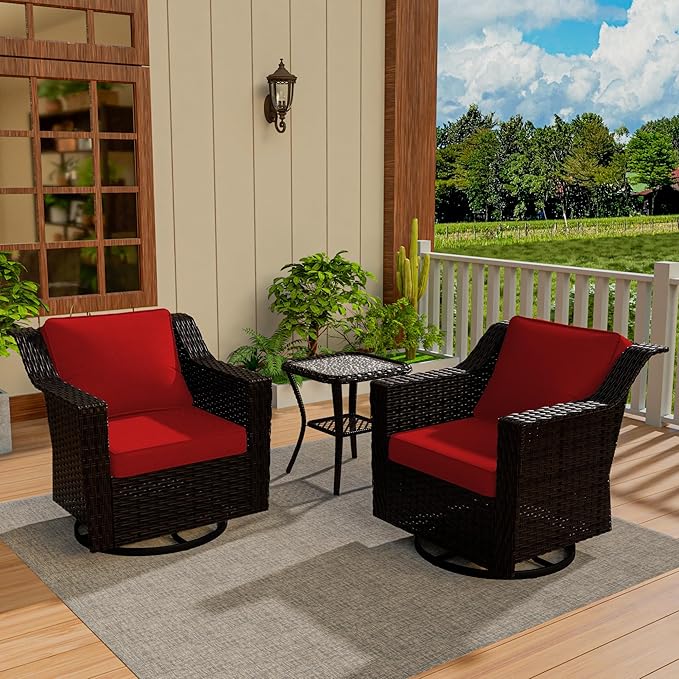Vista Vibe 3 Pieces Outdoor Patio Conversation Furniture Set - 360 Degree Swivel Glider Rocker Chairs | Wicker End Table, Washable Cushions, Hand-Woven PE Rattan, Lawn, Sunroom (Brown/Red)