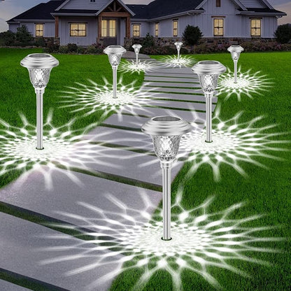 BEAU JARDIN 8 Pack Solar Pathway Lights Outdoor Stainless Steel Lights Solar Powered Waterproof Glass High Lumen Garden Landscape Path Yard Walkway Driveway Outside Color Changing Cool White Silver