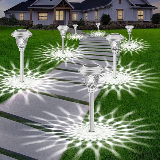 BEAU JARDIN 8 Pack Solar Pathway Lights Outdoor Stainless Steel Lights Solar Powered Waterproof Glass High Lumen Garden Landscape Path Yard Walkway Driveway Outside Color Changing Cool White Silver