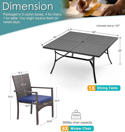 PHI VILLA 9 Pieces Square Outdoor Dining Set for 8, Large Metal Dining Table & Rattan Wicker Chairs with Cushions, Dining Furniture Set for Patio, Deck, Yard, Porch