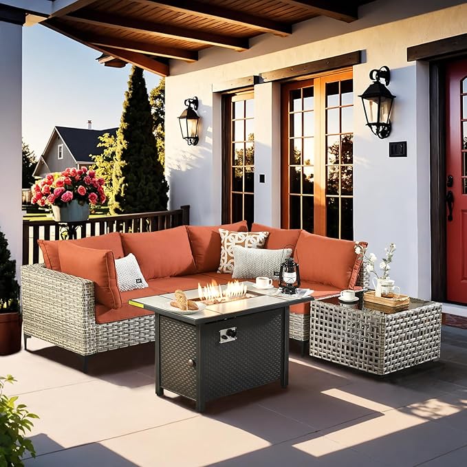 Outdoor Sectional Patio Furniture Set with Fire Pit Table and Glowing Table,6 Pieces Wicker Conversation Sets L Shaped Couch Out Door Sofa Set Outside Furniture for Garden Deck Yard,Red