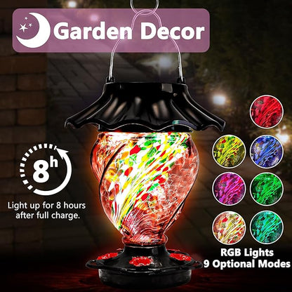LUJII Solar Powered Color Changing Hummingbird Feeder for Outdoors Hanging, Hand Blown Glass, 35 fl.oz, Never Leak, Illuminated Lantern for Garden Decor, for Bird Lovers, Purple