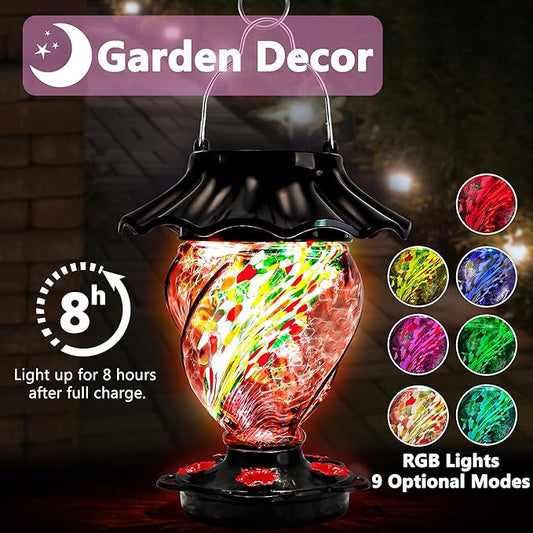 LUJII Solar Powered Color Changing Hummingbird Feeder for Outdoors Hanging, Hand Blown Glass, 35 fl.oz, Never Leak, Illuminated Lantern for Garden Decor, for Bird Lovers, Purple