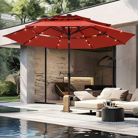 PHI VILLA 10ft Patio Umbrella with Light, Outdoor Large Auto-Tilt 3 Tier Market Table Umbrellas with 8 Sturdy Ribs and 1.5" Pole for Lawn Poolside Garden Terrace, Orange Red