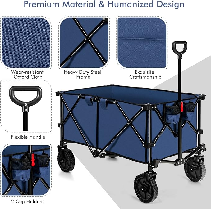 Goplus Collapsible Wagon, Folding Utility Wagon Cart w/Universal Wheels & Adjustable Handle & Cover Bag, Grocery Wagon for Garden Shopping Camping (Navy)