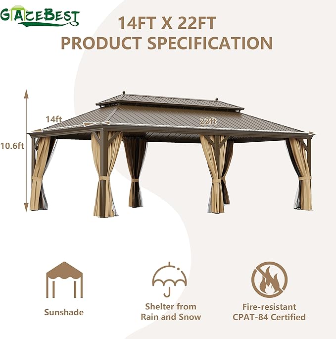 14' X 22' Hardtop Gazebo, Outdoor Galvanized Steel Double Roof Permanent Aluminum Frame Pavilion Pergola Canopy with Privacy Curtains for Garden, Patio, Backyard, Deck and Lawns.