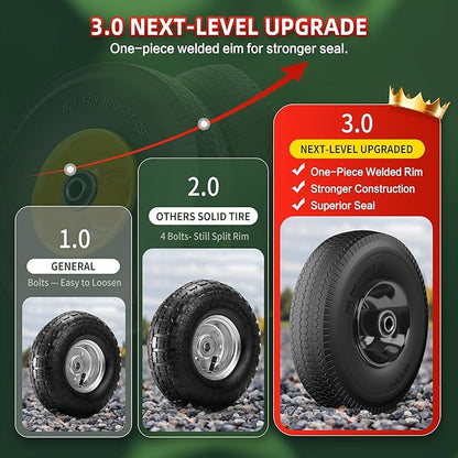 4.10/3.50-4 Tire and Wheel Flat Free,10-Inch Solid Wheel Replacement with 5/8 Extra 3/4 &1/2 Bearings,2.2" Offset Hub -Compatible with Hand Truck,Wheelbarrow,Dolly(Wave,Black)