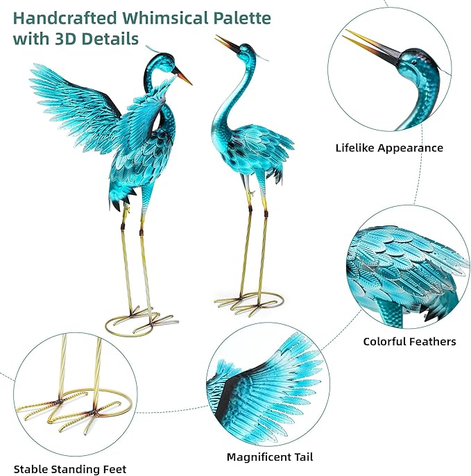 36.75in Metal Heron Garden Statue Handmade Oversize Crane Sculptures with Stable Ground Stakes, Backyard Decoration, Metal Garden Art