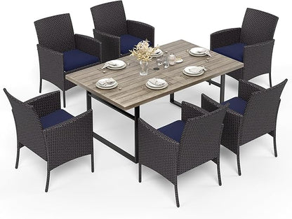 HERA'S HOUSE 7-Piece Patio Dining Set, 6 x Outdoor Rattan Armchair with Removable Cushions, 1 x 64 Inches Rectangular Patio Table with 1.57"-1.9" Umbrella Hole for Patio, Lawn, Garden, Porch