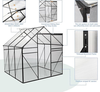 6x6 FT Polycarbonate Walk-in Greenhouse,All Season Garden Green Houses,Aluminum Hot House w/ Raised Base,Adjustable Vent Roof & Sliding Door for Outdoor Backyard,Easy to Install,Black