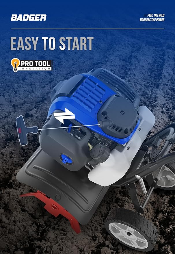 WILD BADGER POWER Garden Tiller 53cc Mini Cultivator 15 inch Powerful Liftable Booster Rod Tilling Tool for Lawn, Garden and Field Soil Cultivation