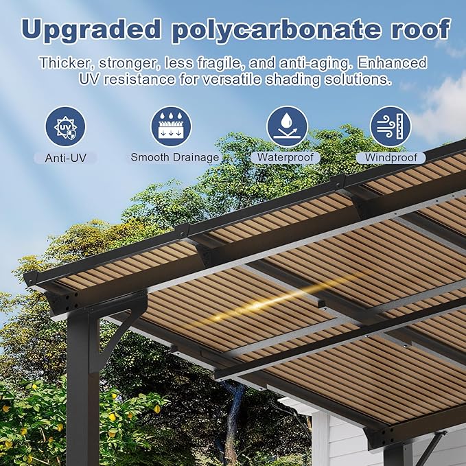 MEISSALIVVE 10' x 14' Wall Mounted Gazebo, Outdoor BBQ Grill Gazebo with Side Shelf, Lean to Metal Awnings with Sloped Roof, Heavy Duty Pergola for Backyard, Deck, Black