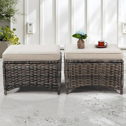 5 Piece Patio Furniture Wicker Conversation Set, 2 Chairs, 2 Ottomans with 1 Side Table, for Outdoors, Backyard, Deck, Beige