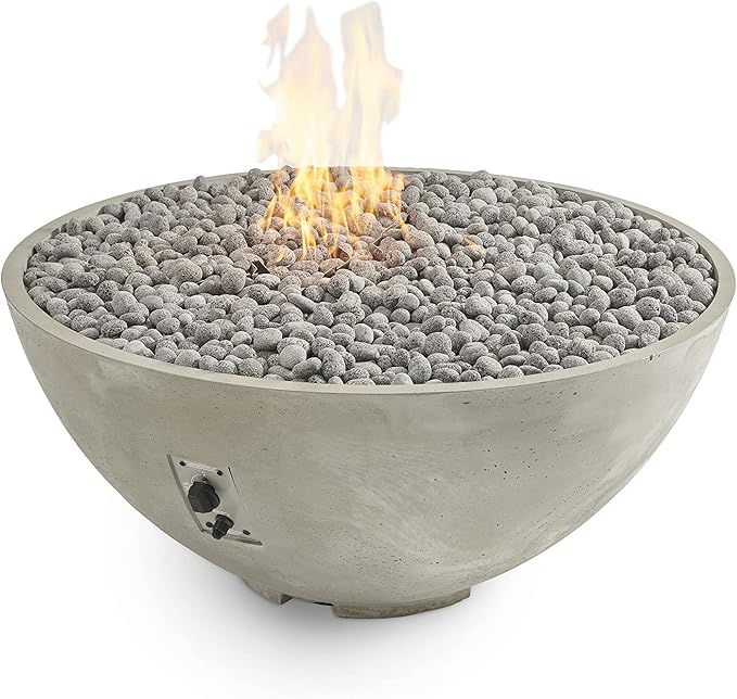 Outdoor GreatRoom Co Propane Fire Pit Table - Cove Gas Fire Pits for Outside Patio - 42 Inch Round Edge Bowl Concrete Firepit Fire Table, Glass Tabletop Cover, Tempered Clear Glass Gems, 105,000 BTU