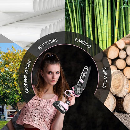 Cordless Mini Chainsaw 21V,6In Electric Chainsaw,Handheld & Portable Power Chain Saw for Tree Trimming Pruning Garden & Yard Work,2 Battery Chain Saw Gifts for Men Women Dad Pink