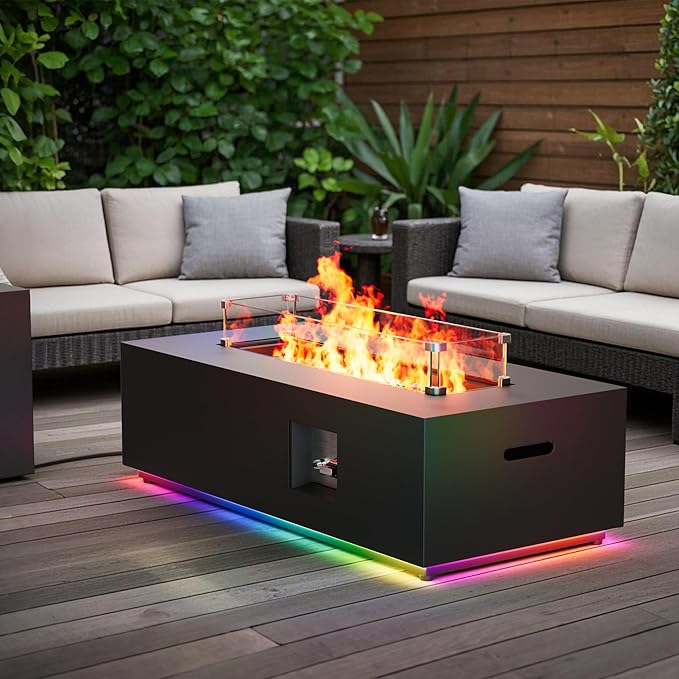 42" Outdoor Fire Pit Table, 50,000 BTU Gas Fire Pit with Glass Wind Guard, Fire Stones, Waterproof Cover, Propane Fire Pit Table for Outside Patio (RGB Light, Black)