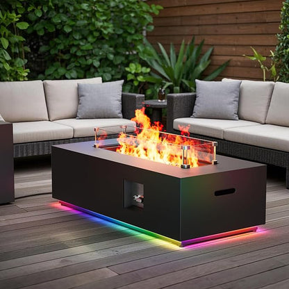 42" Outdoor Fire Pit Table, 50,000 BTU Gas Fire Pit with Glass Wind Guard, Fire Stones, Waterproof Cover, Propane Fire Pit Table for Outside Patio (RGB Light, Black)