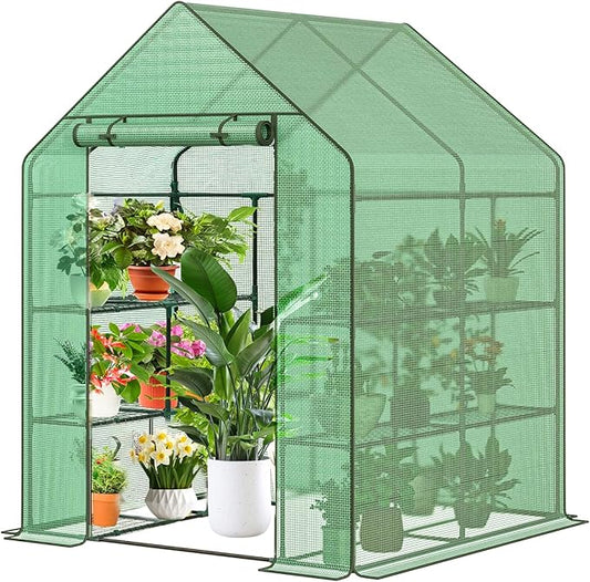 Greenhouse, 56 x 56 x 76'' Heavy Duty Greenhouses for Outdoors, Green House with Roll-Up Door Thicken PE Cover, Portable Walk-in Green Houses for Outside with 3 Tier 8 Shelves