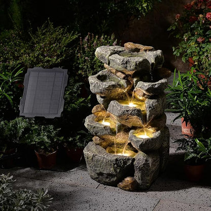 Solar Powered Water Fountain, 5 Tier Cascading Stone Design Feature Outdoor Fountains Waterfalls with Light, Pump Solar Panel for Patio, Deck, Porch, Backyard Home Decor,19.3" H
