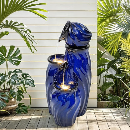 29" Tall Ceramic Water Fountain Outdoor with LED Lights, 4-Tier Cascading Waterfall Garden Fountain, Ideal for Serene Relaxing Patio, Yard or Porch, Cobalt Blue Glaze, Dynamic Wave-Texture