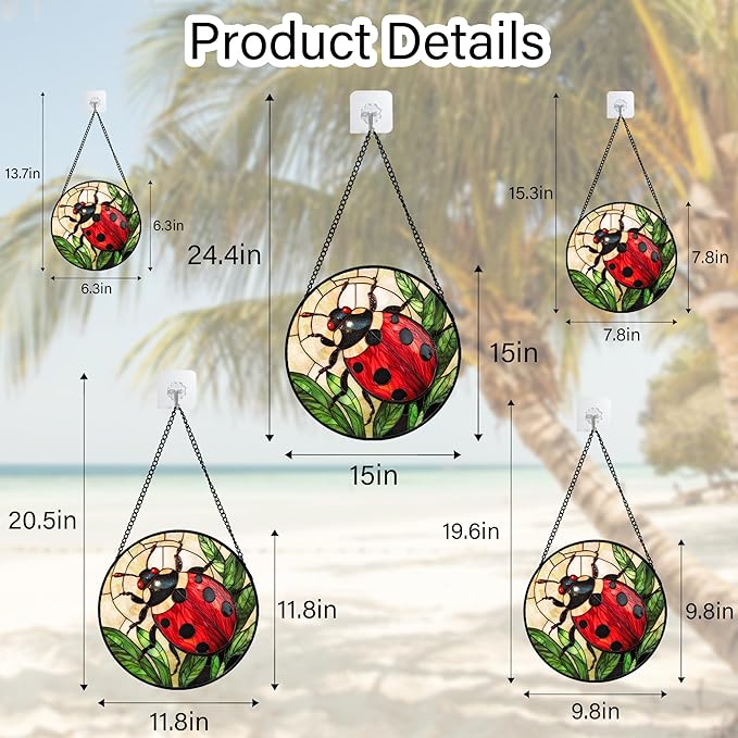 Stained Glass Window Hanging - Red Seven-Spotted Ladybug Sun Catcher for Door Home Decor Insect Suncatcher Christmas Mother's Day Birthday Gifts for Women Men Mom Nana 9.8 in