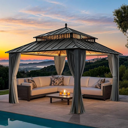 SUNJOY Kingston 12' x 12' Hardtop Gazebo with Galvanized Steel Double Roof, Curtain and Netting, Gray Aluminum Posts Permanent Pavilion Gazebo for Garden, Patio, Deck, Lawn