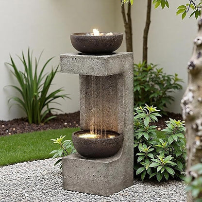 33.9" Waterfall Fountain Outdoor with LED Lights – Modern Rain Curtain Resin Garden Waterfall and Fountains, Bowl Design Outdoor Water Feature for Patio, Porch, Backyard, Lawn & Home Decor