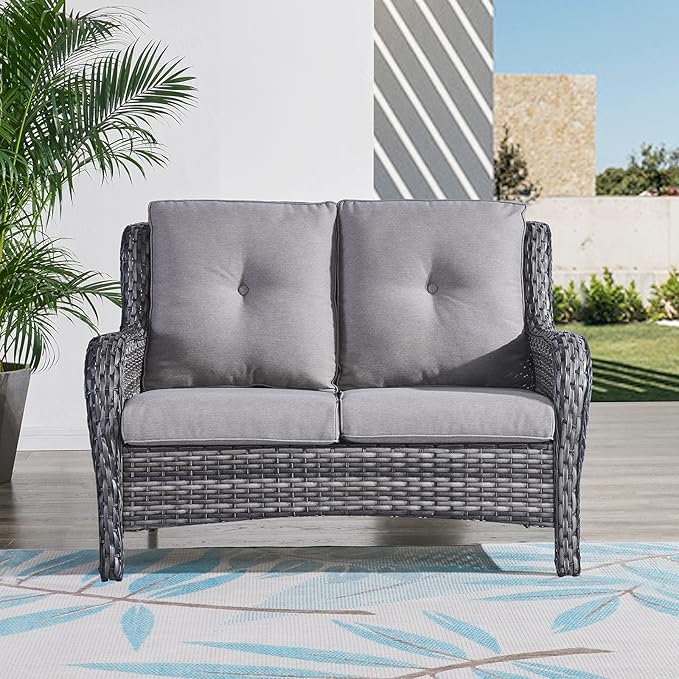 HUMMUH Outdoor Loveseat Sofa 2-Seat PE Rattan Patio Love Seat with Cushions,Deep Seat High Curved Back Armset Sectional Couch for Patio,Garden,Yard,Porch