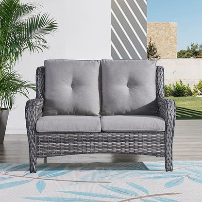HUMMUH Outdoor Loveseat Sofa 2-Seat PE Rattan Patio Love Seat with Cushions,Deep Seat High Curved Back Armset Sectional Couch for Patio,Garden,Yard,Porch
