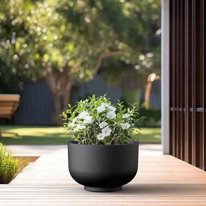 Kante 17.7 Inch Dia Concrete Bowl Planter, Large Tapered Bottom Plant Pot with Drainage, Smooth Black Finish with Warm Brown Interior, Ideal for Porch, Home, Garden, Patio