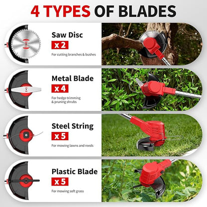 Cordless Weed Wacker, Electric Weed Eater with 4 Types of Blades & 2 * 2.0Ah Batteries, Lightweight Brush Cutter Foldable String Trimmer, Battery Powered Lawn Mover for Lawn Yard (Red)