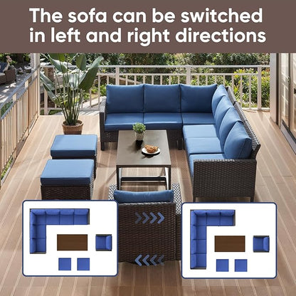 HUMMUH 10 Piece Patio Furniture Set PE Wicker 3 Outdoor Sectional Sofa Set with Patio Chairs Dinning Table Ottomans for Porch,Garden,Backyard,Deck(Brown/Blue)