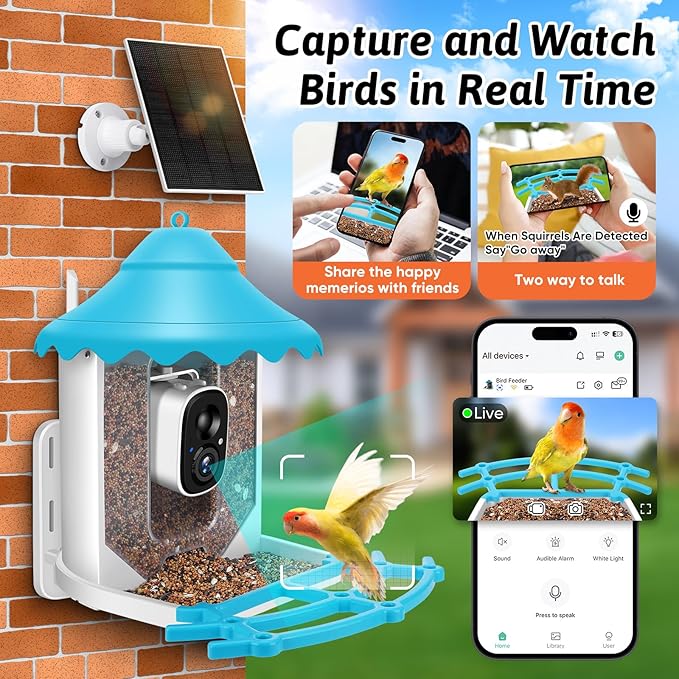 2K HD Smart Bird Feeder Camera with Solar Power, AI Bird Species ID, Auto Video Capture, Instant Notifications, SD&Cloud Storage
