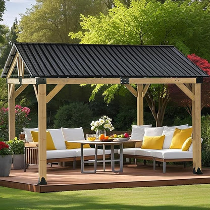 CHARMELEON Wood Gazebo 10x12 FT – Hardtop Metal Roof Patio Cedar Gazebo with Wood Frame for Outdoor– Gable Roof Pavilion para Patio, Backyard, Deck, Lawn and Garden