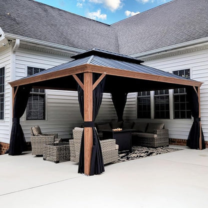 PURPLE LEAF 12' X 16' Outdoor Hardtop Gazebo for Patio Galvanized Steel Double Roof Permanent Canopy Aluminum Frame Pavilion Gazebo with Netting
