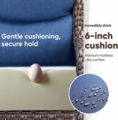 Swivel Patio Chairs sofa Set of 5 with 6" Thick Cushion - Wicker Outdoor Swivel Rocker Patio Chair ,Sofa/Glass coffee table, High Back Comfortable Outdoor Glider Chairs - Brown Wicker | Blue Cushions
