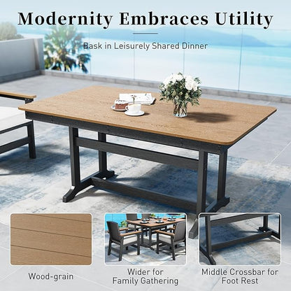 7 Piece HDPE Outdoor Dining Set for 6, 64” All Weather Wood-grain Dining Table, 6 Wicker Rattan Chairs with 3.2” Waterproof Cushion, Patio Table and Chairs Set for Backyard and Deck, Black