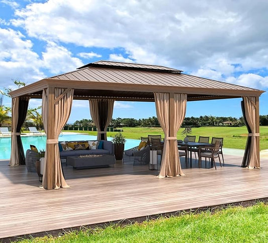 MELLCOM 14'x20' Gazebo, Galvanized Steel Double Roof with Wood Grain Aluminum Frame, Outdoor Permanent Metal Pavilion with Curtains and Nettings for Patio, Backyard and Deck