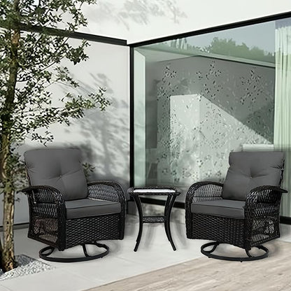 Patio Furniture Set Swivel Rocker, Outdoor Patio Chairs, 3 Piece Suit Porch Furniture Rocking Set, Backyard and Garden Rocker Rattan Chair, with Thickened Cushions and Glass Coffee Table(Grey)