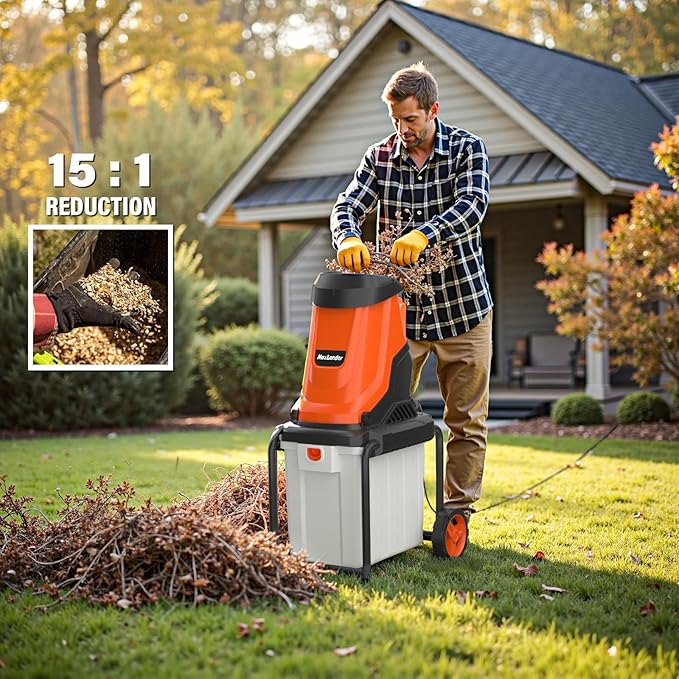MAXLANDER 15-Amp Electric Wood Chipper, Shredder Mulcher with 50L Collecting Bin, 1.8-Inch Cutting Diameter for Mulching, Composting and Yard Cleanup 15:1 Reduction