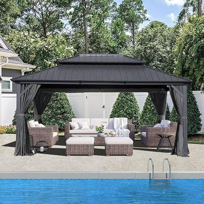 Domi 10’ X 14’ Hardtop Gazebo Canopy with Netting & Curtains, Outdoor Metal Gazebo with Galvanized Steel Double Roof for Patio Lawn and Garden, Gray