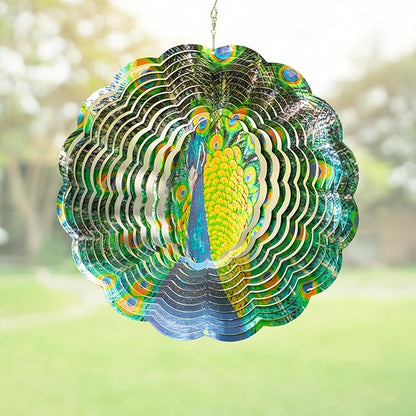 Skylar Peacock Wind Spinner, Stainless-Steel Garden Decor, 3D Wind Decoration with Holographic Effect, Unique 12-Inch Sun Catcher, Foldable Ornament, Support Hook Holes for Hanging, Hooks Not Included