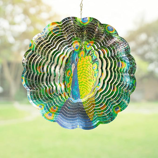 Skylar Peacock Wind Spinner, Stainless-Steel Garden Decor, 3D Wind Decoration with Holographic Effect, Unique 12-Inch Sun Catcher, Foldable Ornament, Support Hook Holes for Hanging, Hooks Not Included