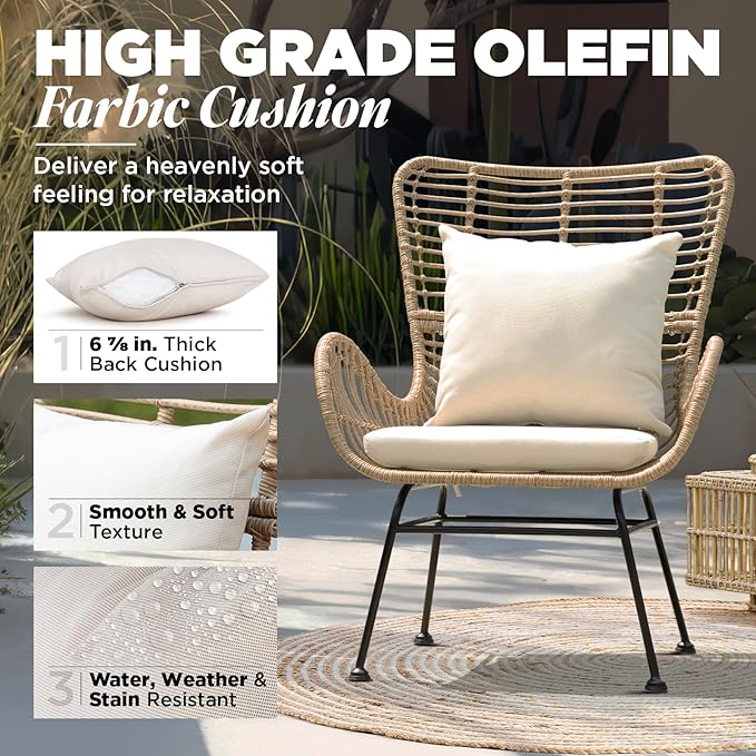 IDZO Isabelle Wicker Chairs Set of 2, 2000 Hours UV Wicker Rattan Chair, 500lbs Capacity Boho Patio Chairs with Thick Olefin Cushions and Pillows for, Indoor Use