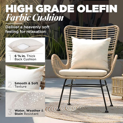 IDZO Isabelle Wicker Chairs Set of 2, 2000 Hours UV Wicker Rattan Chair, 500lbs Capacity Boho Patio Chairs with Thick Olefin Cushions and Pillows for, Indoor Use