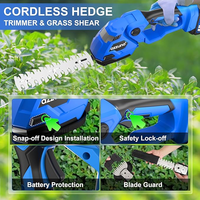 AZZUNO Hedge Trimmer Cordless, 2-in-1 Battery Powered Electric Hedge Trimmer&Grass Shears with Battery and Charger Included,Handheld Grass Cutter Shrub Trimmer for Gardens, Yards, Lawns