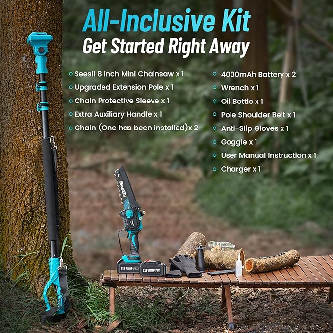 SEESII PS810 2-IN-1 Cordless Pole Saw & Mini Chainsaw, 8-inch Electric Saws Brushless with 2 x 4.0Ah Batteries, 16-Foot MAX, Chain Saw with Extension Pole for Wood Cutting Trimming Branch
