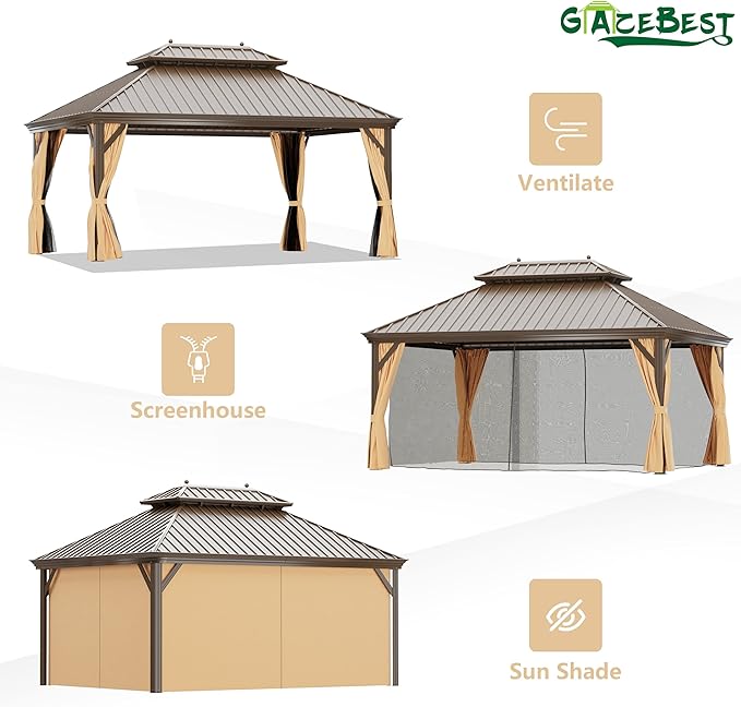 12' X 16' Hardtop Gazebo, Outdoor Galvanized Steel Double Roof Permanent Aluminum Frame Pavilion Pergola Canopy with Privacy Curtains for Garden, Patio, Backyard, Deck and Lawns.