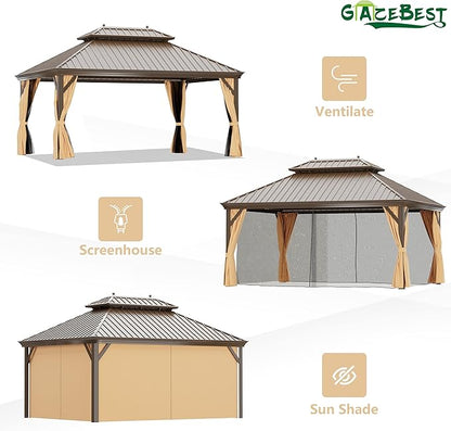 12' X 16' Hardtop Gazebo, Outdoor Galvanized Steel Double Roof Permanent Aluminum Frame Pavilion Pergola Canopy with Privacy Curtains for Garden, Patio, Backyard, Deck and Lawns.