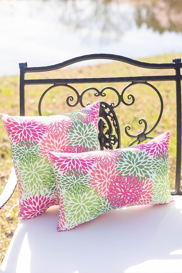 RSH DECOR: Lumbar Throw Pillows Set of 2 | 20” x 12" | All-Weather Spun Fabric | Water and Fade-Resistant | Outdoor Support Pillows for Patio Furniture | Floral Blooms Pink